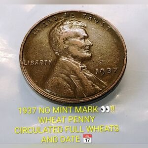 ✅❤️1937 Wheat Penny Coin